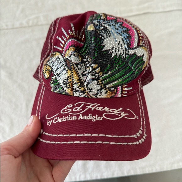 Ed Hardy Accessories - Ed Hardy Y2K Trucker Hat Embroidered Rhinestones Bedazzled Eagle Grunge Trendy